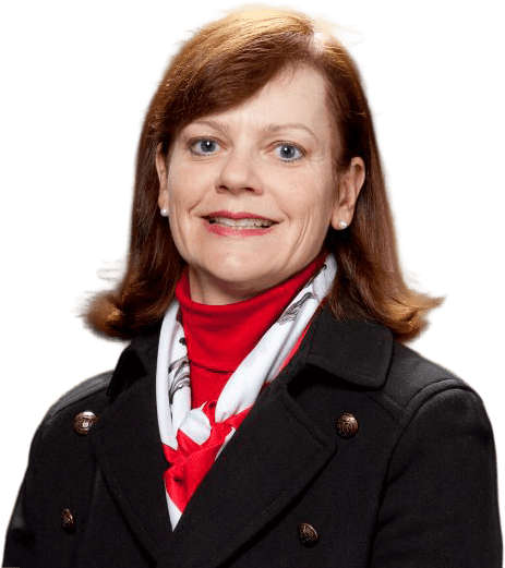 Smiling woman in a black coat and red scarf, presenting a professional appearance. Relevant for an about section or professional profile.